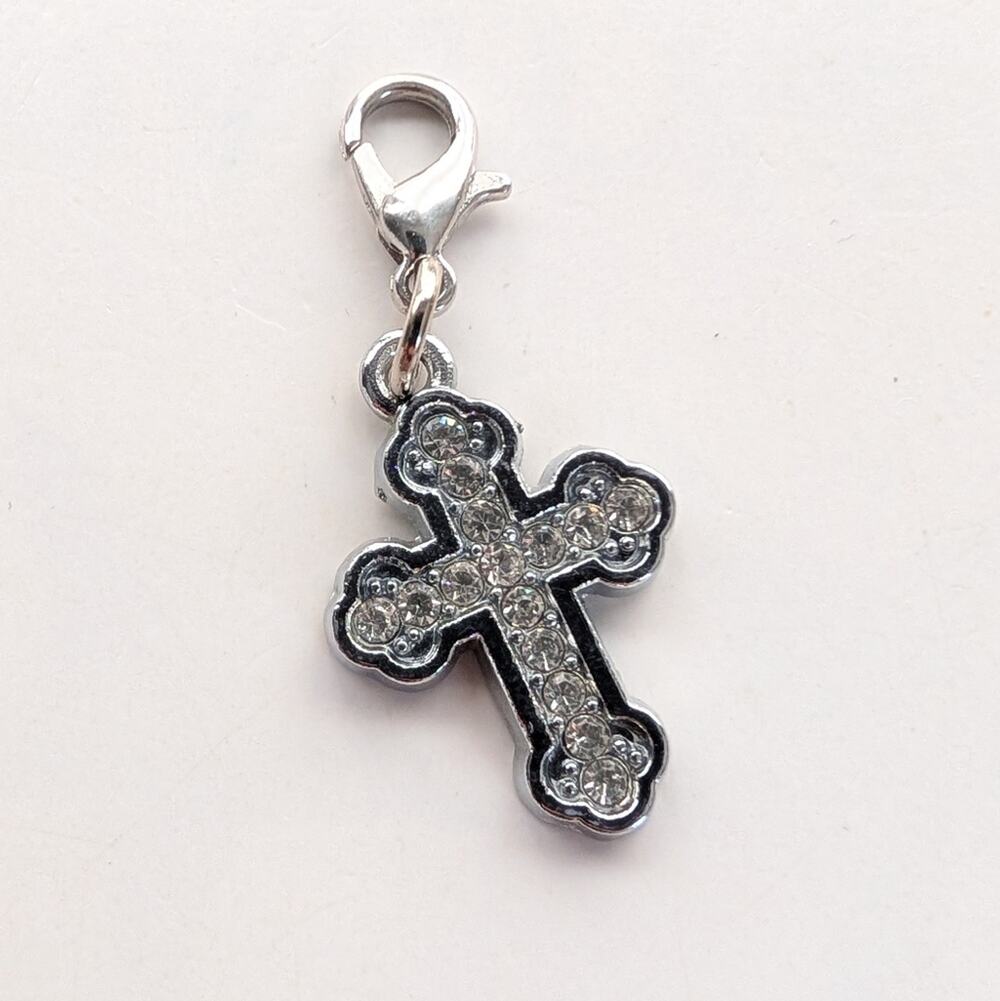 Vintage Silver Tone Pave Rhinestone Religious Cross Mini Pendant Bracelet Charm